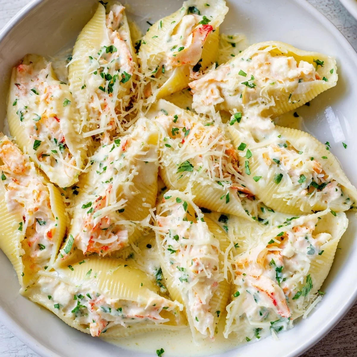 Creamy Seafood Stuffed Shells with golden, bubbly mozzarella topping and a rich white sauce.