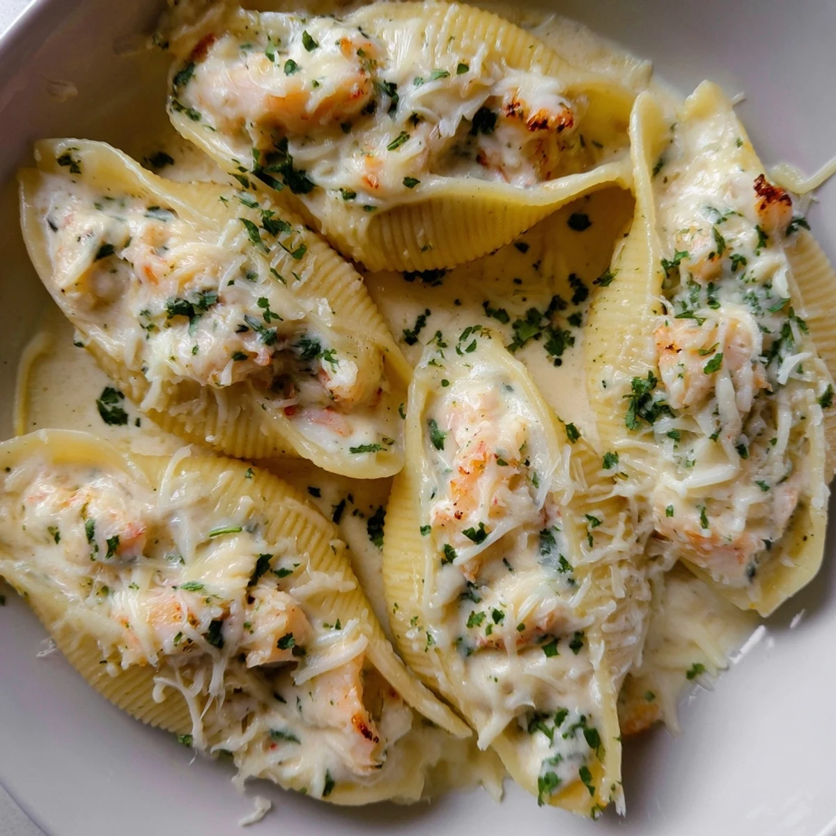 Serve Creamy Seafood Stuffed Shells with a side salad and white wine for dinner.