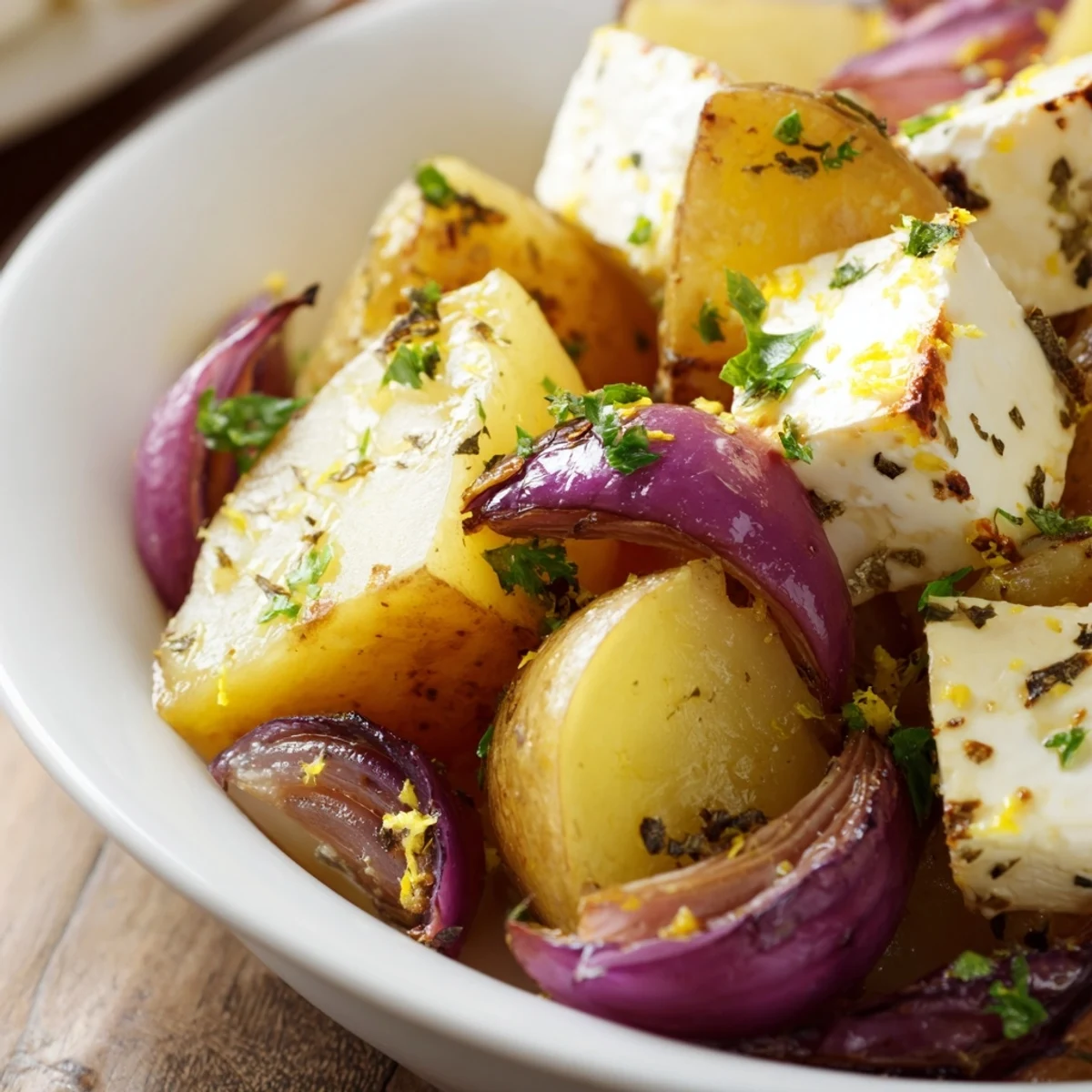 Golden roasted baby potatoes with creamy baked feta and fresh parsley, topped with lemon zest and served warm as a Mediterranean side dish.