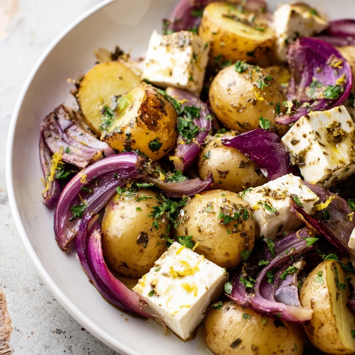 Feta cheese melts over halved potatoes in this easy sheet pan recipe, garnished with fresh herbs and lemon juice for tangy flavor.