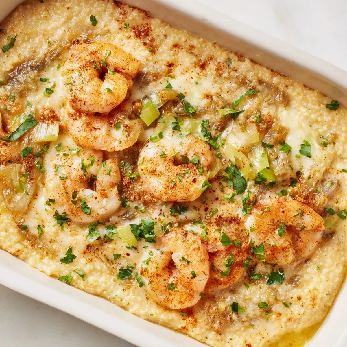 Golden, bubbly Monterey Jack cheese tops the Easy Shrimp & Grits Casserole, served warm from the oven.
