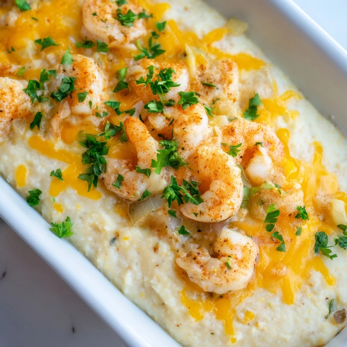A spoon lifts a creamy serving of Easy Shrimp & Grits Casserole revealing tender shrimp and peppers.