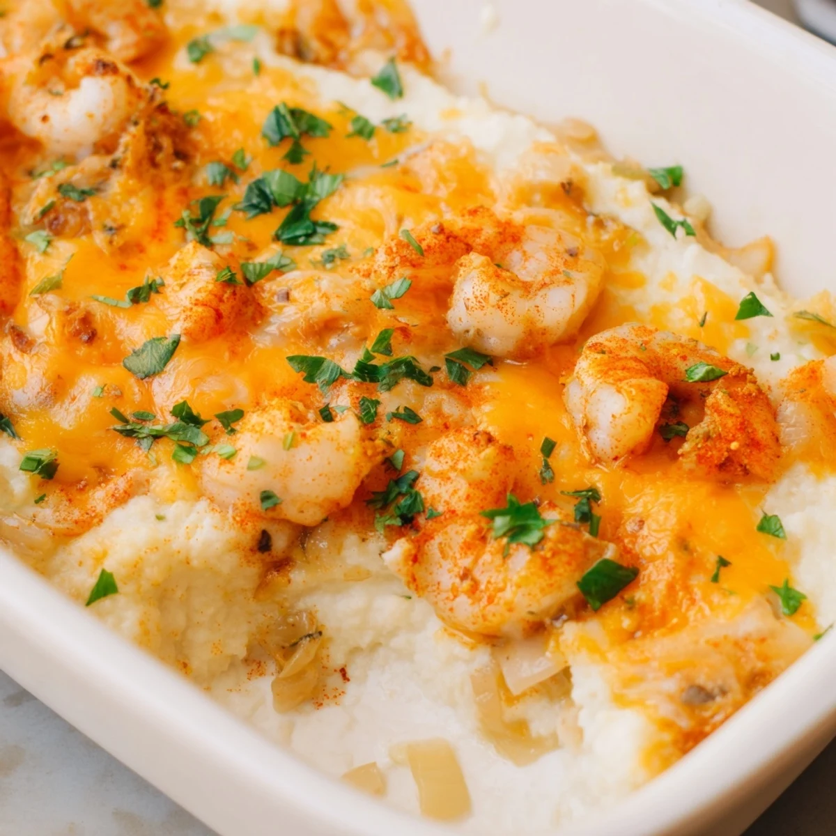 Freshly chopped parsley garnishes the cheesy Easy Shrimp & Grits Casserole with visible pink shrimp nestled inside.