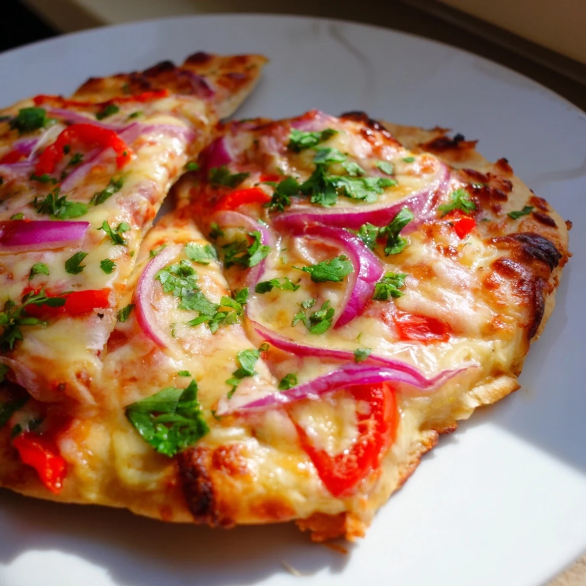 Golden-brown Sweet Heat Honey Garlic Flatbread Pizza with melted mozzarella, red onion, and jalapeños on a wooden board.