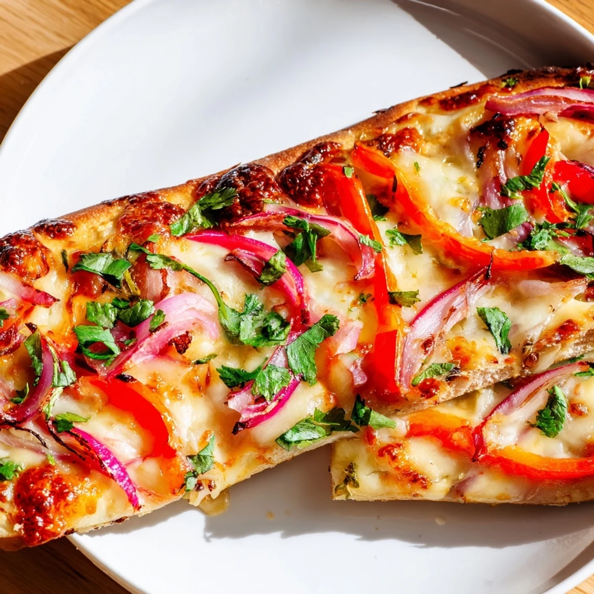 A slice of Sweet Heat Honey Garlic Flatbread Pizza being lifted, revealing gooey cheese and a crispy crust.