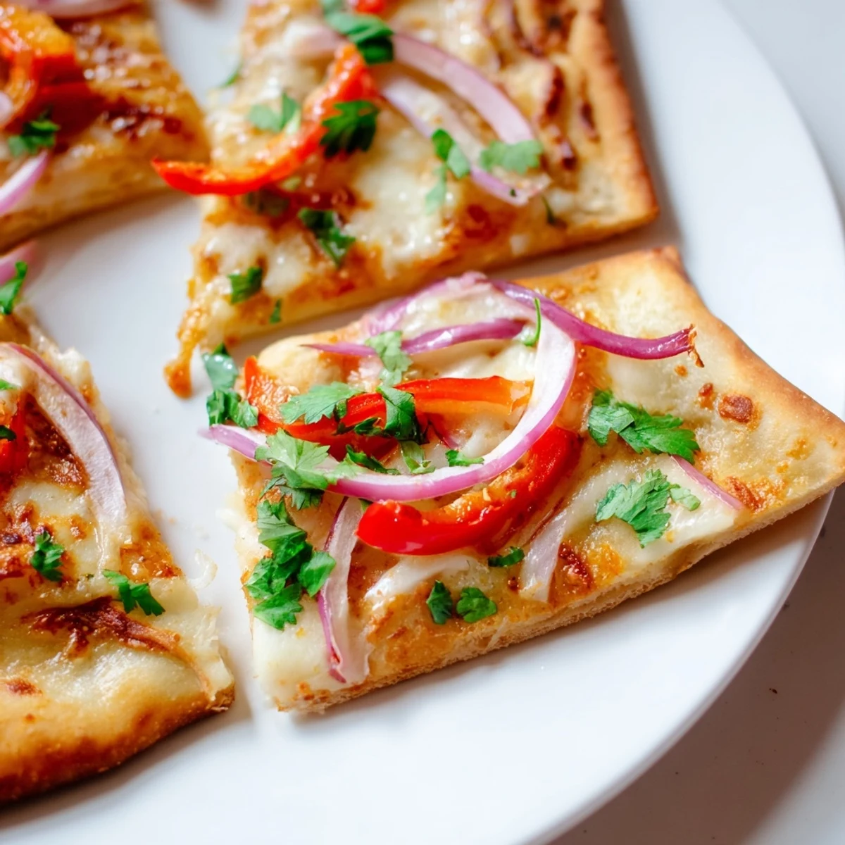 Freshly baked Sweet Heat Honey Garlic Flatbread Pizza topped with cilantro and drizzled with honey on a marble counter.