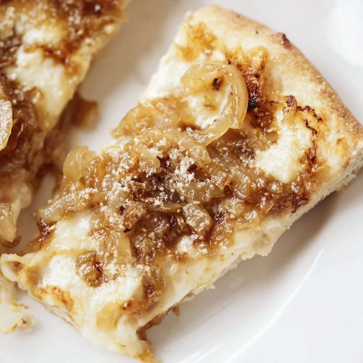 Fresh arugula garnish on Caramelized Onion Pizza With Melty Cheese for a bright, peppery bite on the rustic slice.