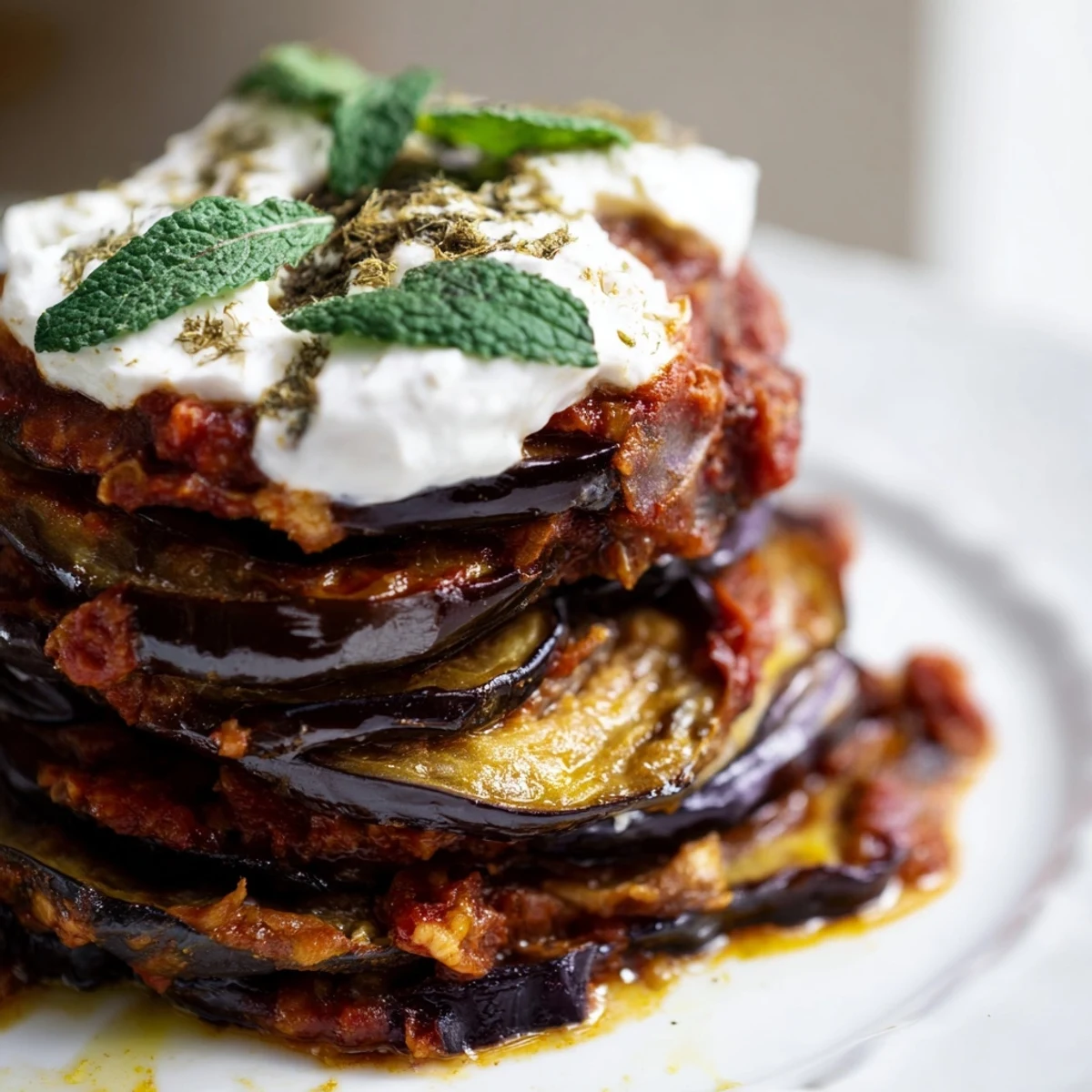 Golden fried eggplant slices layered with spiced tomato sauce and creamy yogurt for Borani Banjan.