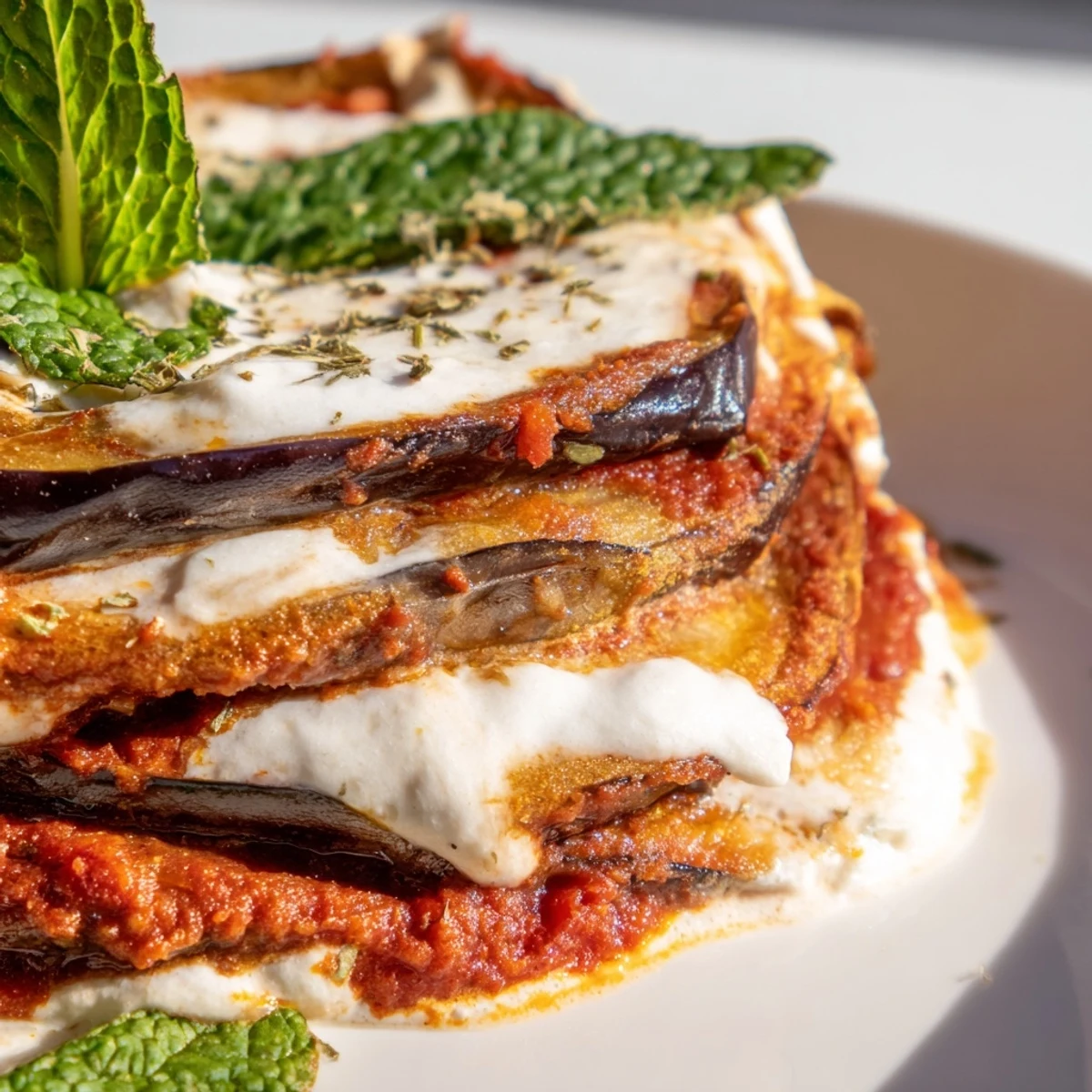 Savory Borani Banjan plated with fresh herbs beside fluffy basmati rice for a complete meal.