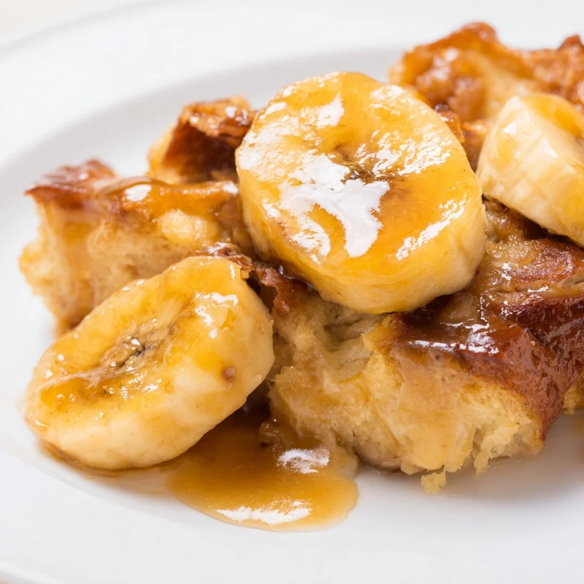 A warm slice of Creamy Bananas Foster Bread Pudding glistens with a rich rum-butter sauce and caramelized bananas.