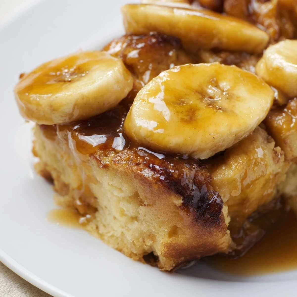 Decadent Creamy Bananas Foster Bread Pudding with a scoop of vanilla ice cream melting over the top.