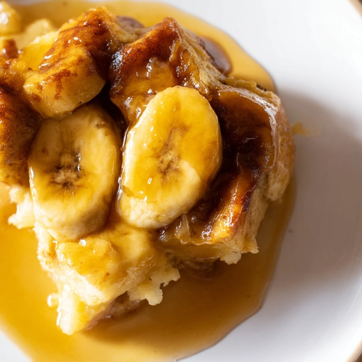 Golden brown bread pudding with caramelized bananas topped with rum sauce, served on a white plate.