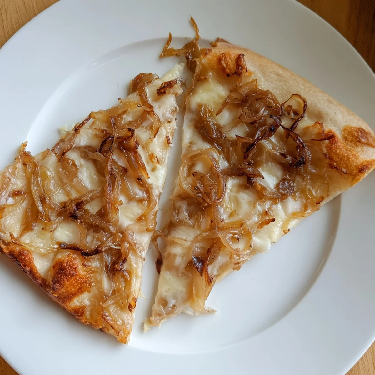 A close-up of Caramelized Onion Pizza With Melty Cheese, its golden crust topped with sweet, slow-cooked onions and bubbling mozzarella.  