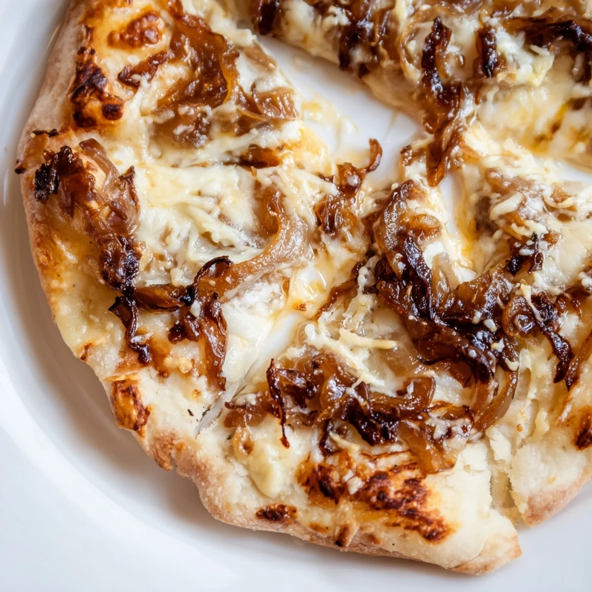 A slice of Caramelized Onion Pizza With Melty Cheese being lifted, revealing layers of gooey fontina and sweet onions.