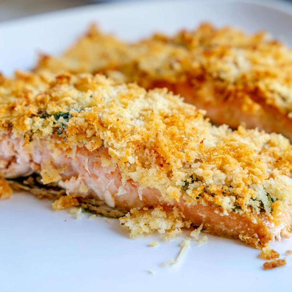 Golden-brown Crispy Parmesan Salmon Bake fillets glisten with melted cheese on a baking sheet, served with fresh lemon wedges.