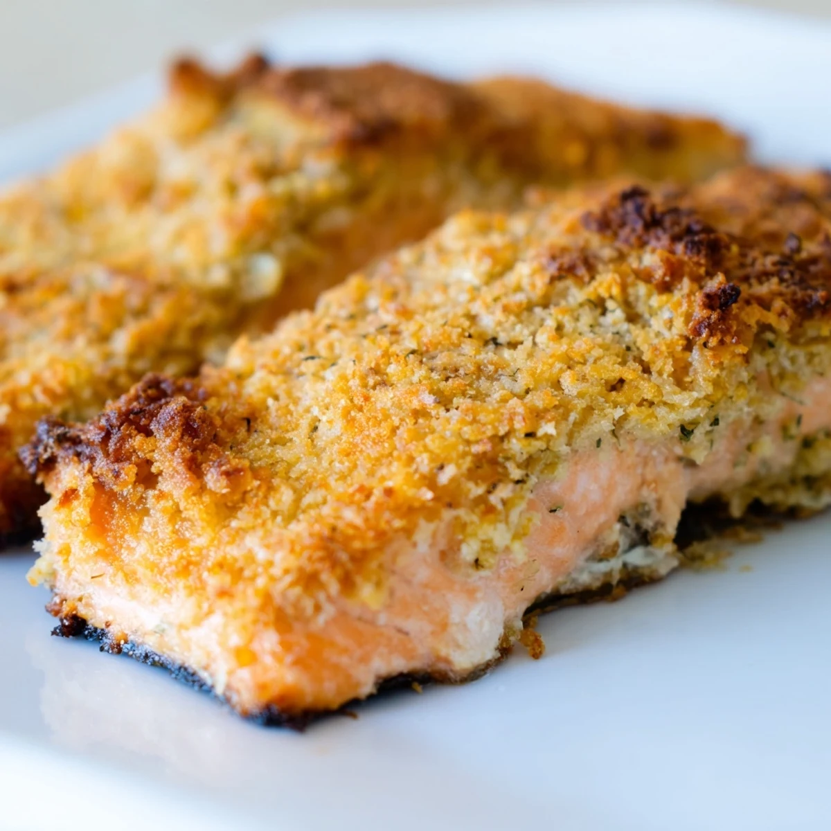 A close-up shows the crunchy panko and Parmesan crust topping the tender salmon, ready for a weeknight dinner.