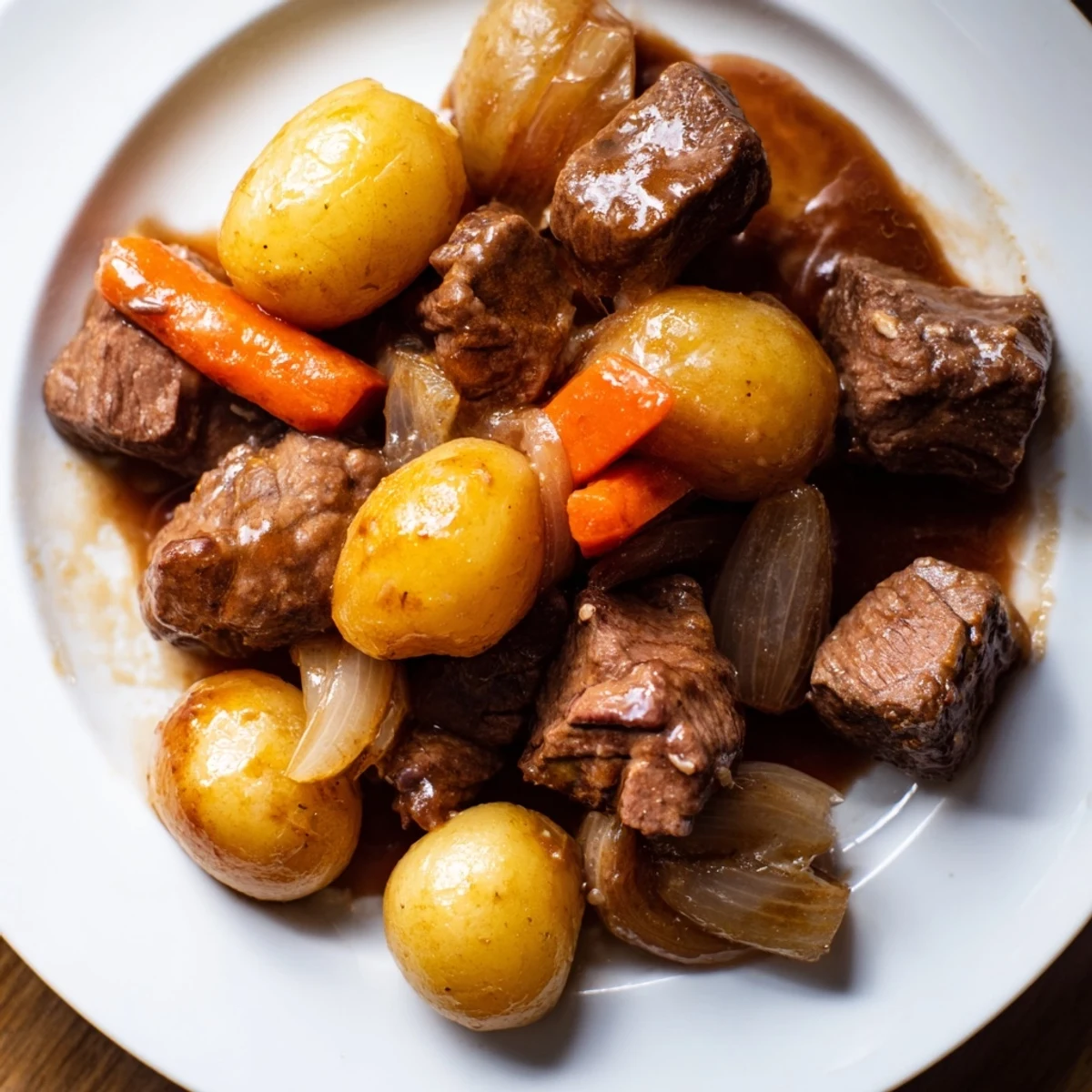 Tender beef cubes and halved baby potatoes slow-cooked in garlic butter sauce, garnished with fresh parsley on a rustic plate.