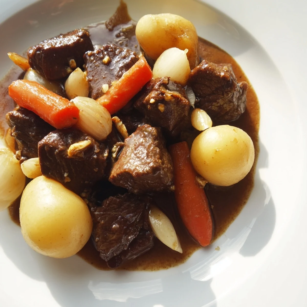 A close-up of Slow Cooker Garlic Butter Beef with Potatoes, featuring juicy meat chunks, golden potatoes, and a glossy garlic butter drizzle.
