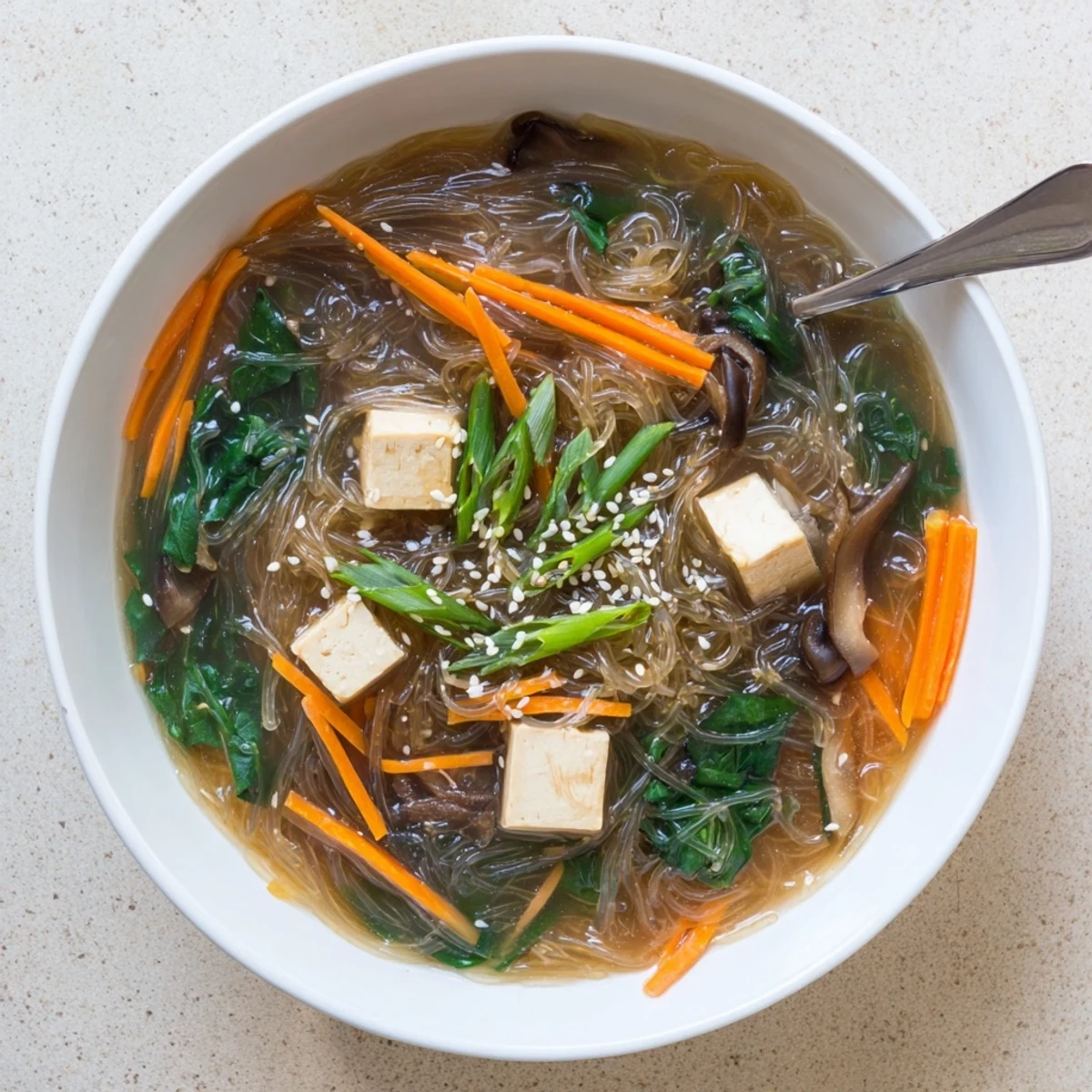 A close-up of Japanese Harusame Noodle Soup garnished with sesame seeds and spring onions, ready to serve for a healthy meal.