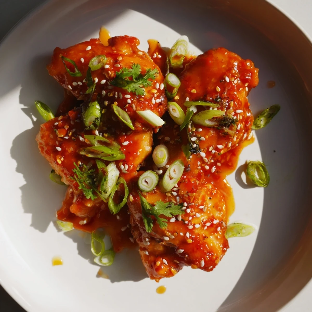 Golden glazed Sweet and Spicy Thai Chicken in a skillet with lime wedges, ready to be served over steamed noodles.