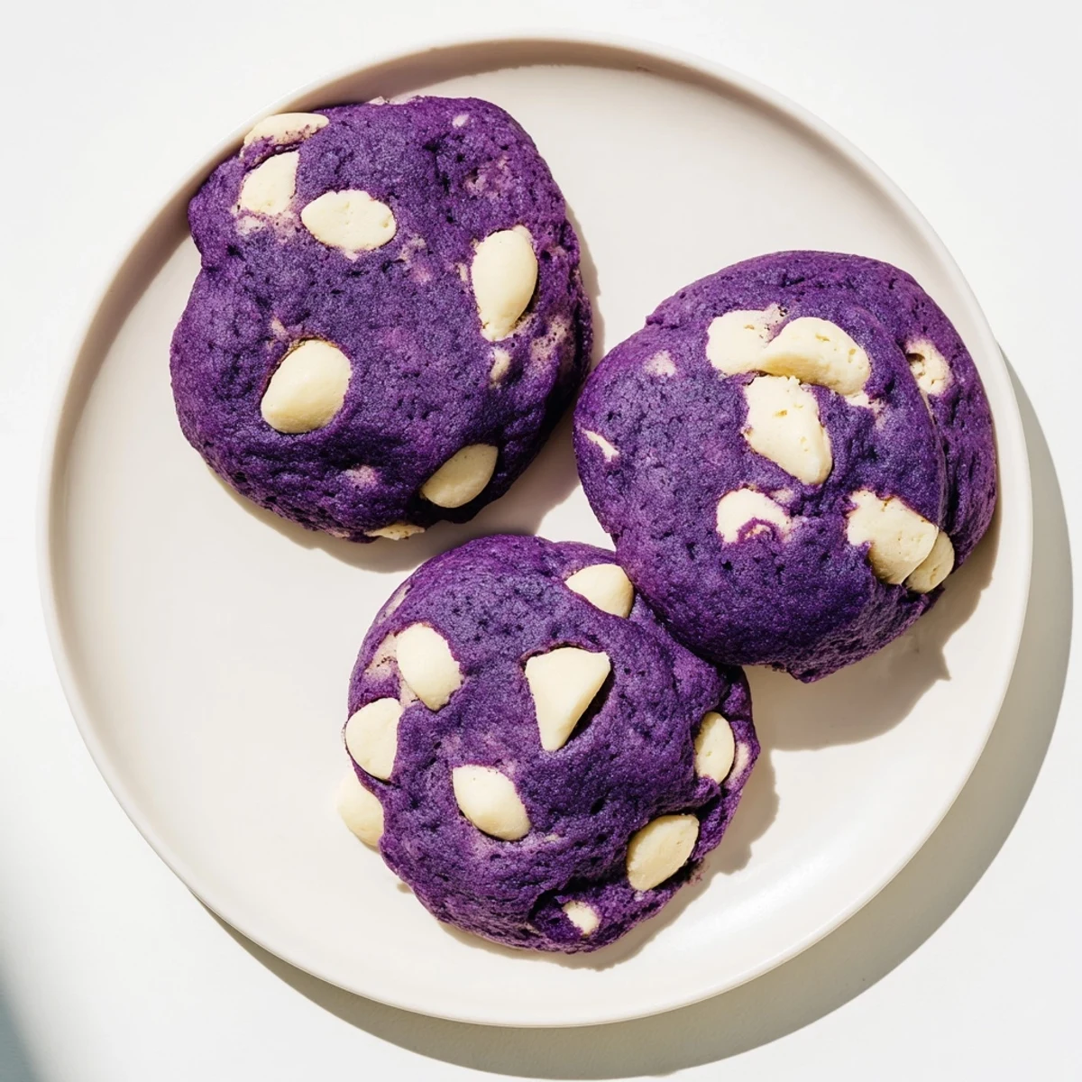 Freshly baked White Chocolate Ube Cookies with vibrant purple dough and melted white chocolate chips cooling on a wire rack.