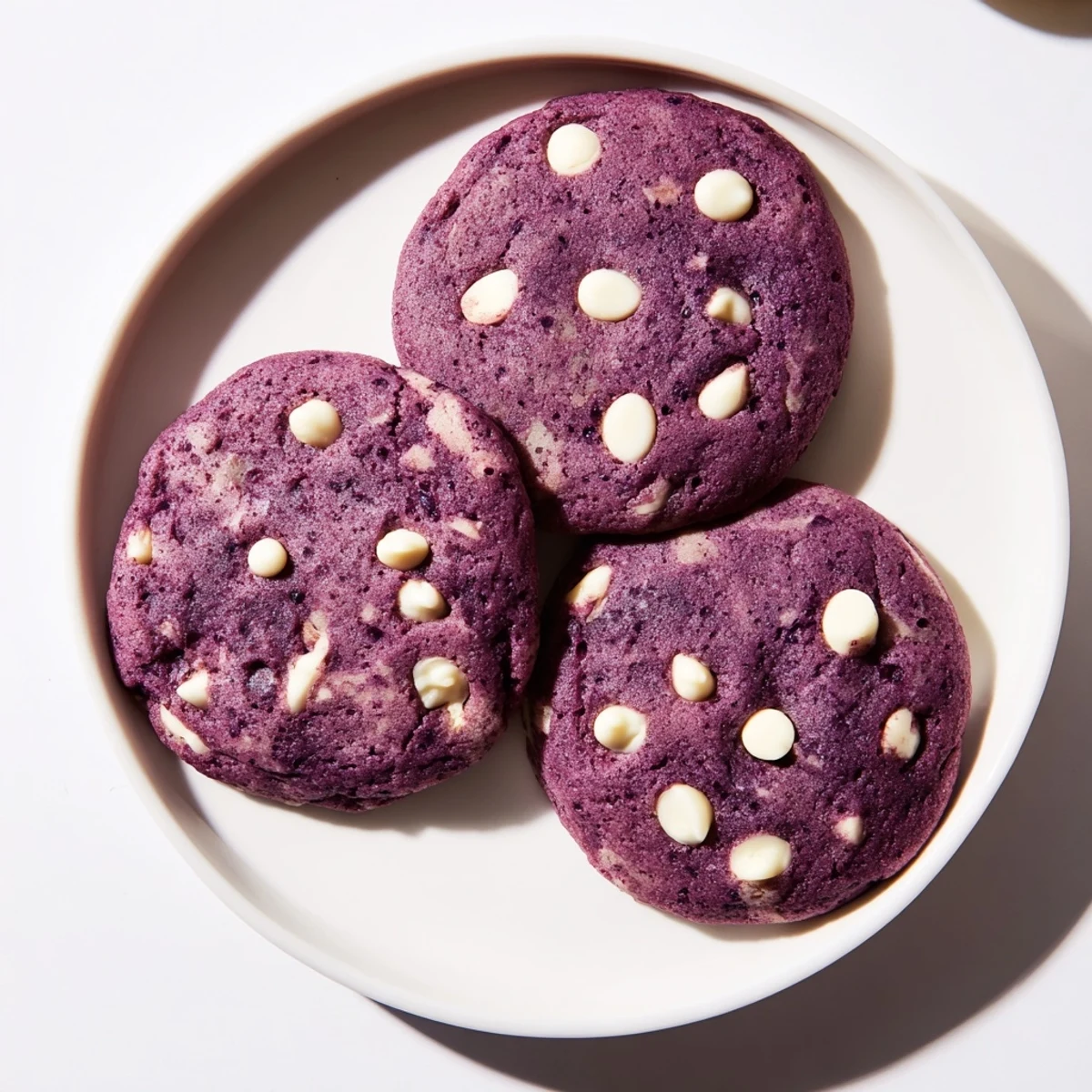 Soft and chewy White Chocolate Ube Cookies displayed on a serving plate next to a glass of cold milk.