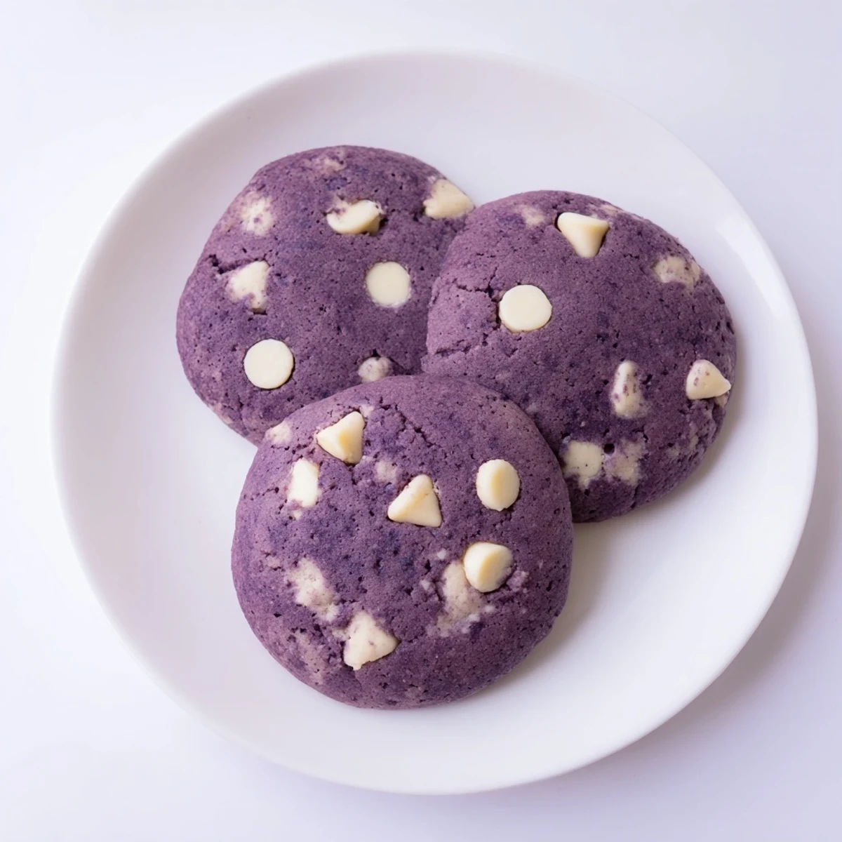 Ube and white chocolate cookies with a crunchy edge and gooey center, arranged for a beautiful American food blog photo.