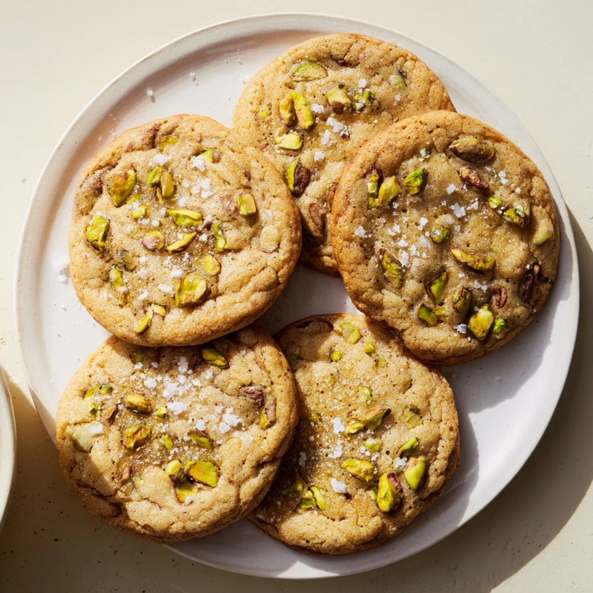Freshly baked Salted Honey Pistachio Cookies resting on a wire cooling rack, sprinkled with flaky sea salt.