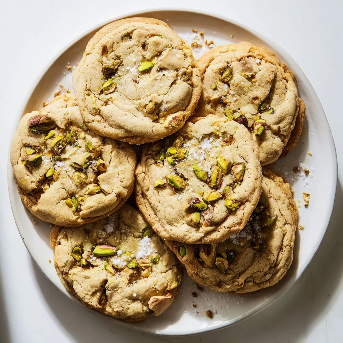 A close-up view of Salted Honey Pistachio Cookies showing chewy interiors and generous chunks of green pistachios.