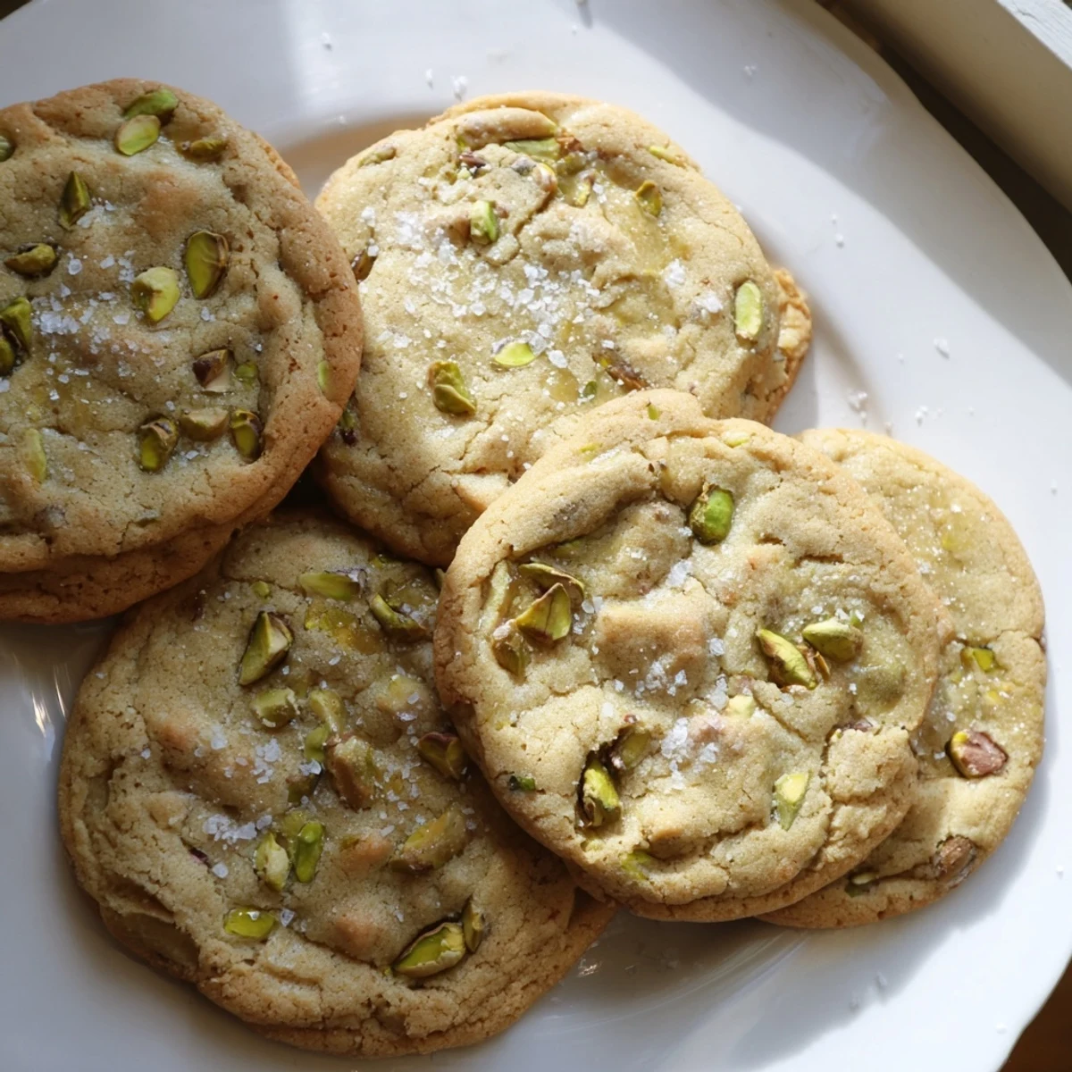 Salted Honey Pistachio Cookies arranged on a rustic wooden board, perfect for afternoon tea or dessert platters.