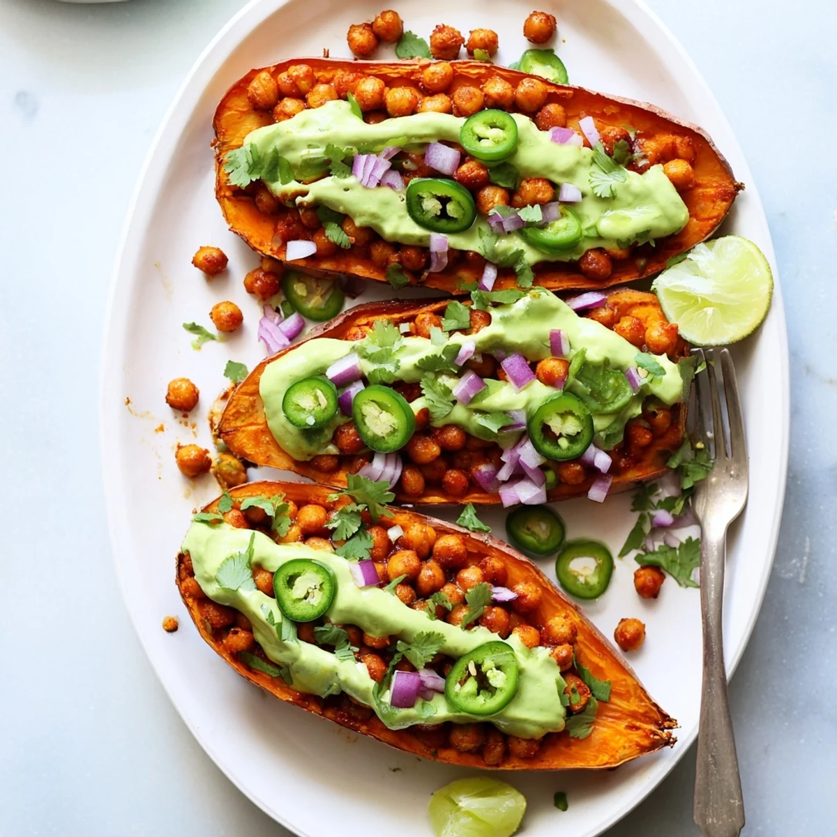 Roasted sweet potatoes topped with smoky BBQ chickpeas and creamy avocado-lime drizzle for a hearty vegan meal.