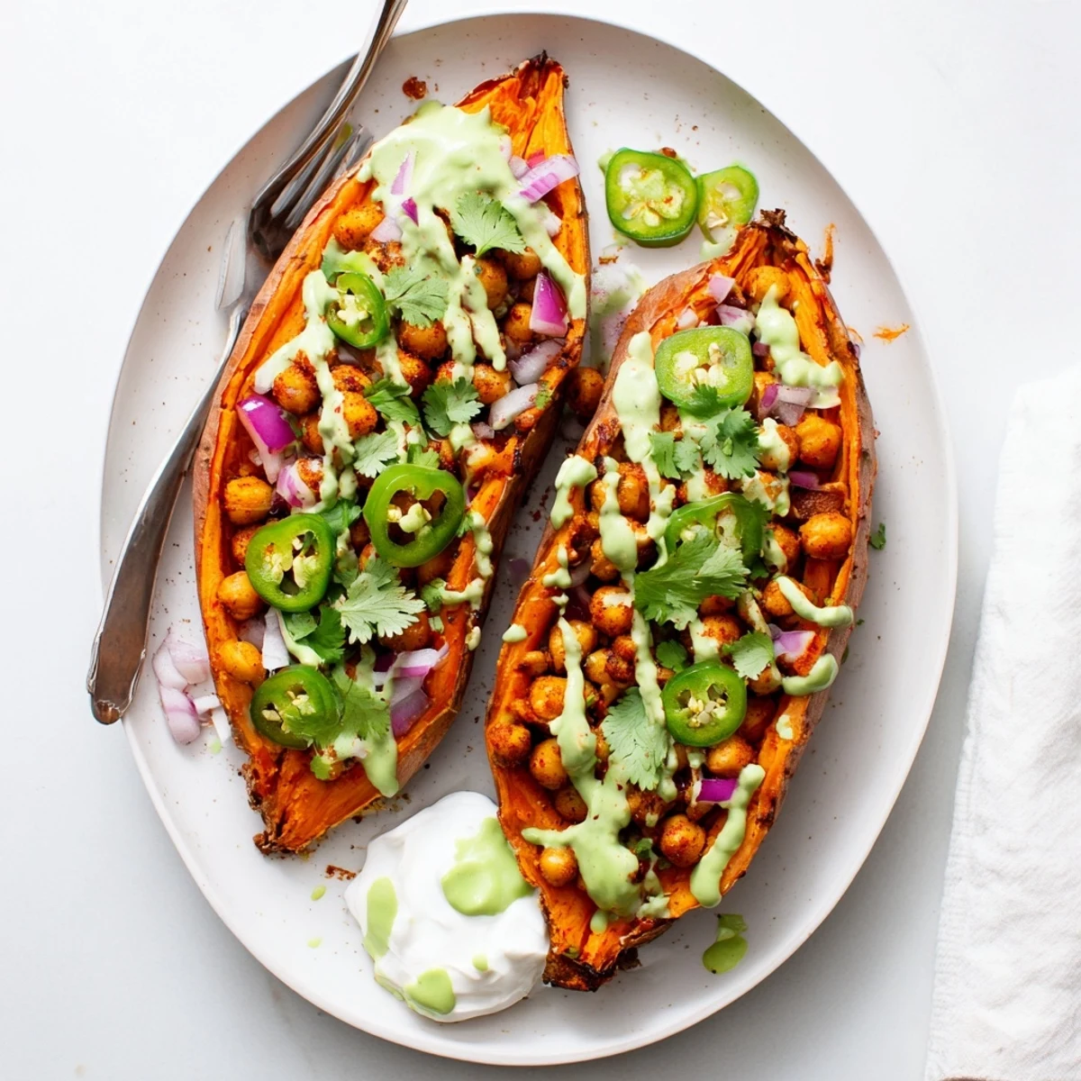 Vegan BBQ Chickpea Sweet Potatoes served with fresh cilantro and jalapeño slices on a rustic wooden table.