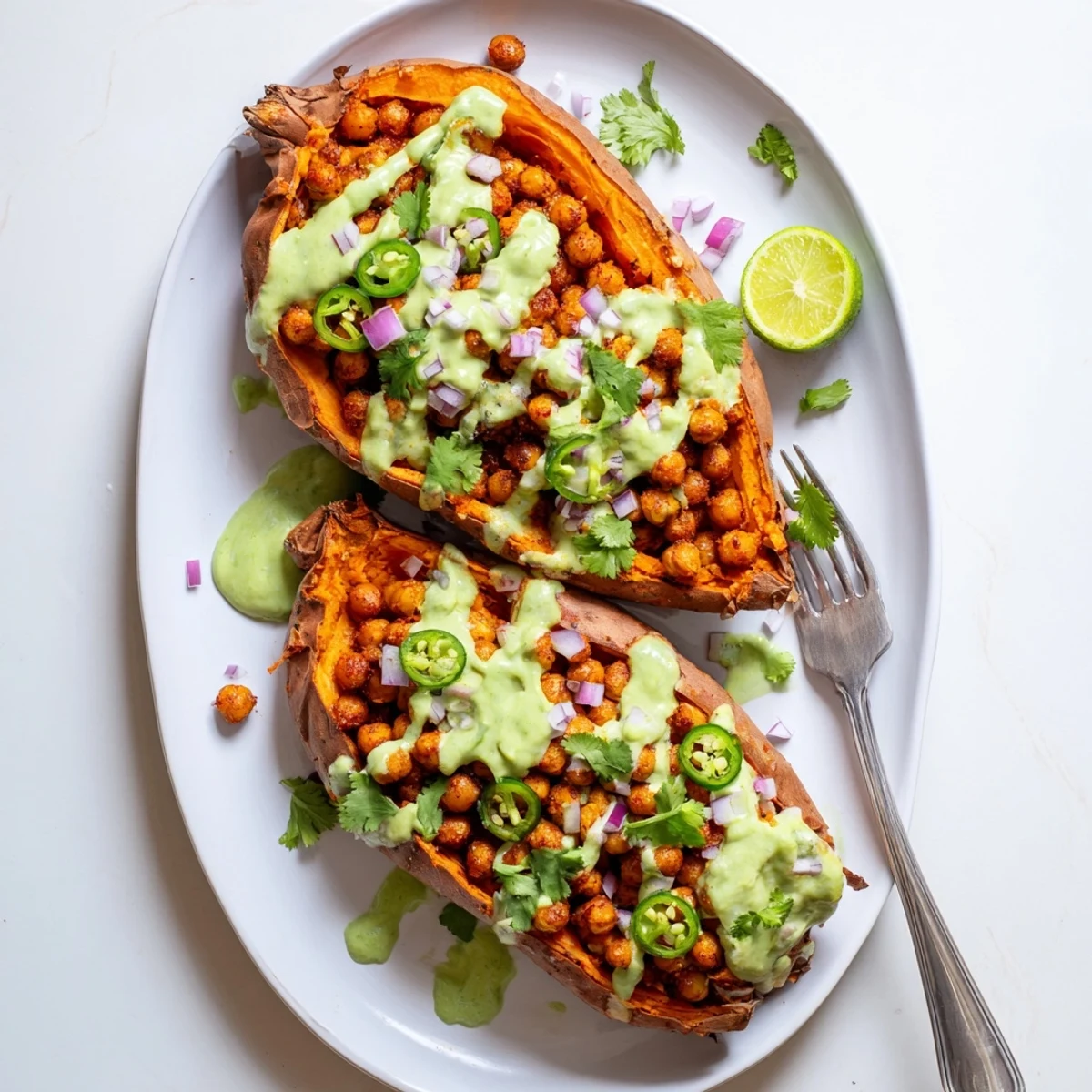 Colorful plate of Vegan BBQ Chickpea Sweet Potatoes with avocado drizzle and red onion garnish, ready to serve.