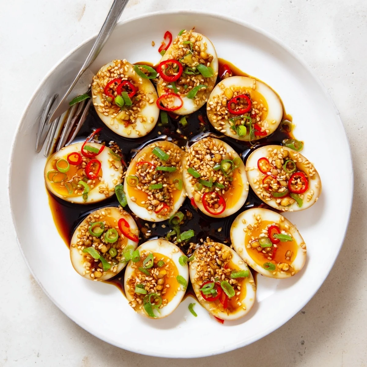 Perfectly peeled Korean Marinated Eggs glistening in a sweet soy glaze, garnished with fresh green onions and sesame seeds.