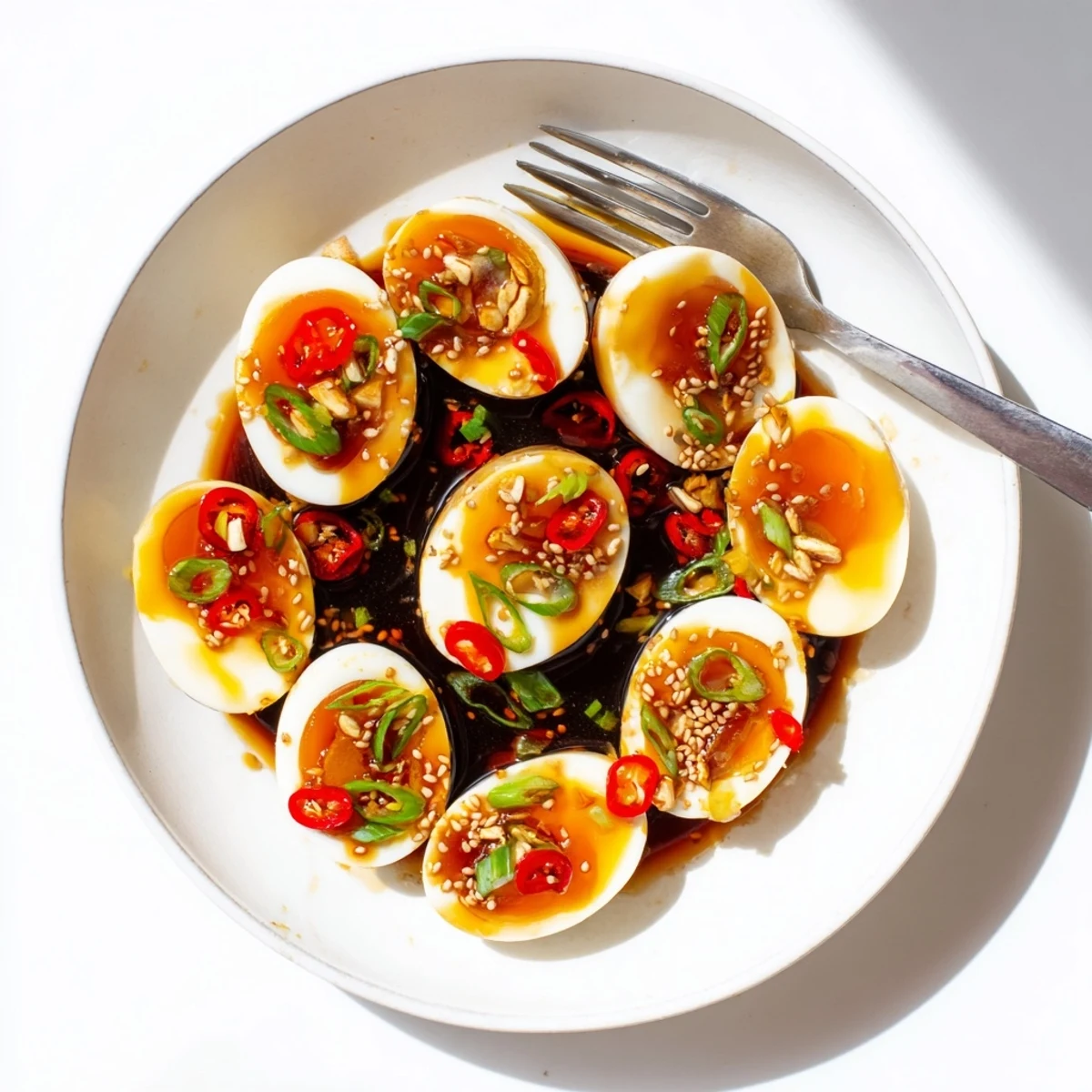 Six Korean Marinated Eggs resting in a ceramic bowl, fully submerged in a savory marinade with garlic and chili peppers.