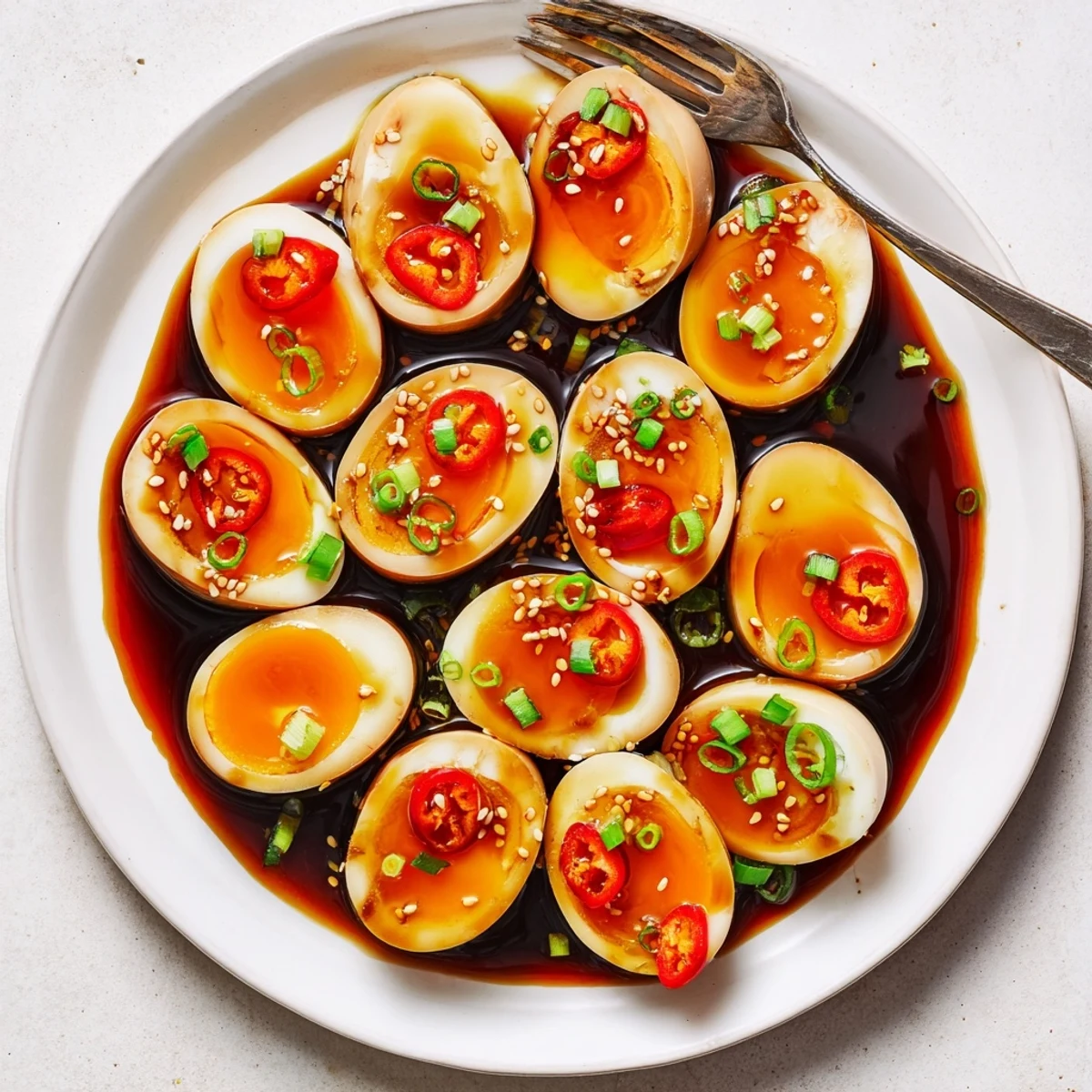 Korean Marinated Eggs halved to reveal jammy golden yolks, served alongside steamed white rice and a drizzle of spicy sauce.