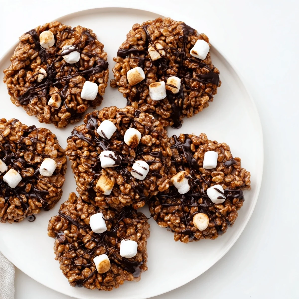 A close-up of No Bake Coffee Crunch Rice Krispie Cookies with a chocolate drizzle on parchment paper.