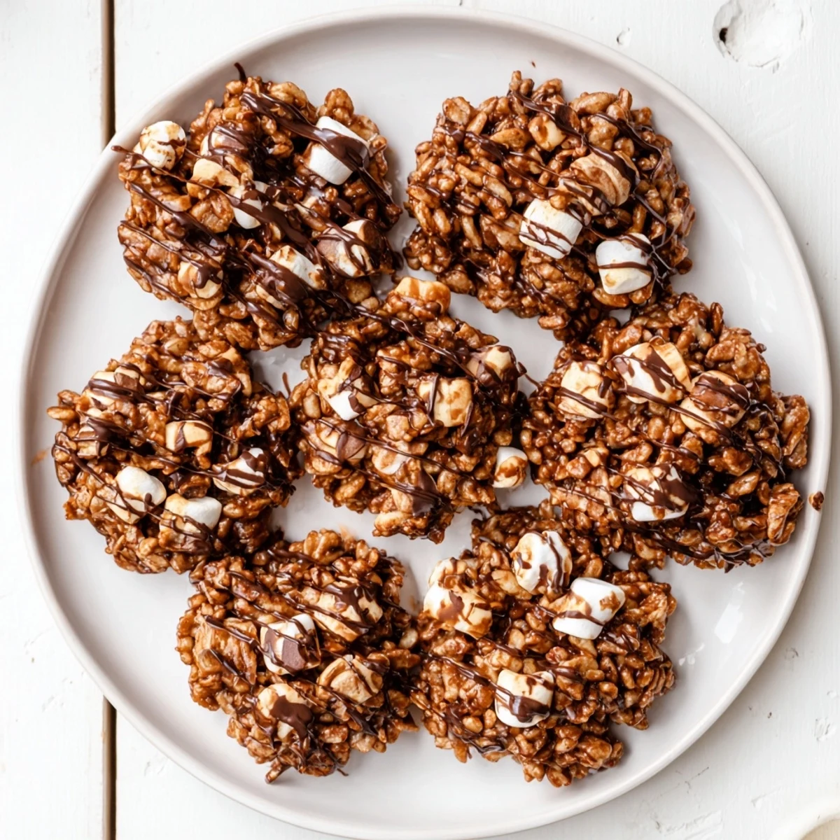 Delicious No Bake Coffee Crunch Rice Krispie Cookies are shown stacked on a white plate beside a coffee mug.
