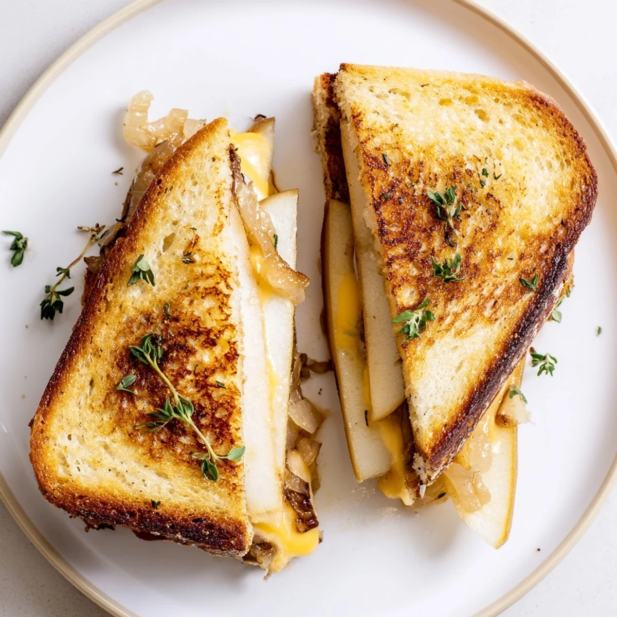 Golden-brown, buttery sourdough sandwiches filled with melted cheddar, sweet pear and apple slices, and savory caramelized onions in a Pear, Apple & Grilled Cheese with Caramelized Onions.