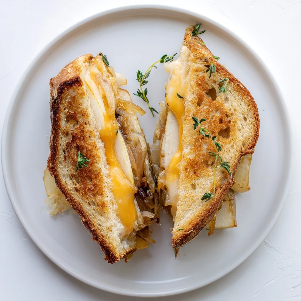 Close-up of a gourmet Pear, Apple & Grilled Cheese with Caramelized Onions resting on a wooden board beside a fresh green salad.