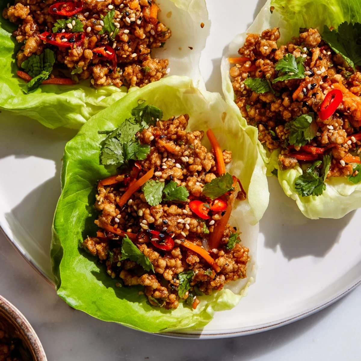 Juicy chicken filling with ginger and green onions nestled in crisp lettuce boats, a fresh Potsticker Chicken Lettuce Boats recipe served with dipping sauce.
