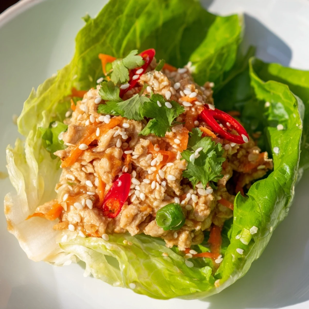 Warm ground chicken mixture scooped into butter lettuce leaves for Potsticker Chicken Lettuce Boats, topped with toasted sesame seeds and fresh cilantro.
