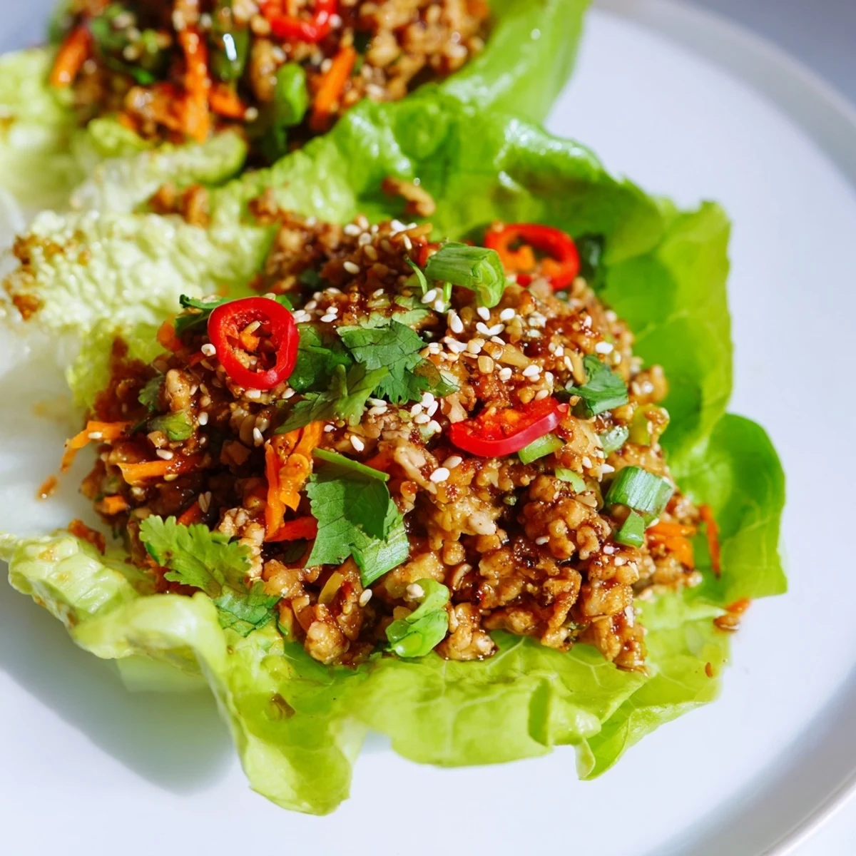 Asian-inspired Potsticker Chicken Lettuce Boats presented in romaine leaves, featuring savory chicken, carrots, and a tangy soy dipping sauce for a light meal.