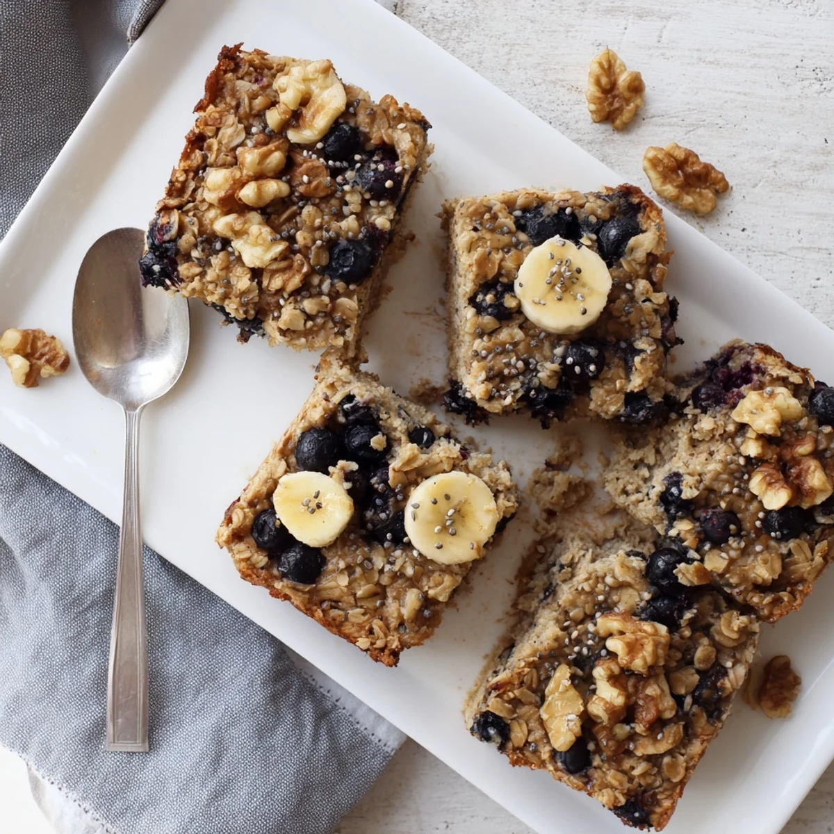 Golden-brown slices of High Protein Banana Blueberry Breakfast Bake reveal juicy blueberries and soft banana pieces on a rustic plate.