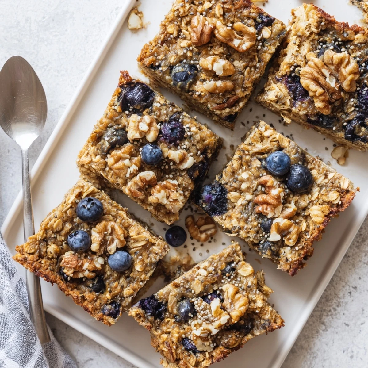 Freshly baked High Protein Banana Blueberry Breakfast Bake shows a tender crumb with rolled oats and a sprinkle of walnuts on top.