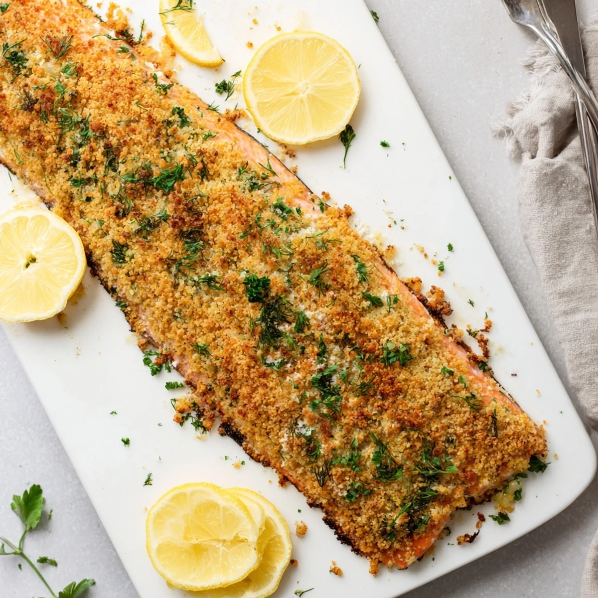 Golden-brown Irresistibly Crispy Parmesan Salmon Bake fresh from the oven, topped with a crunchy herb crust and served with lemon wedges. 