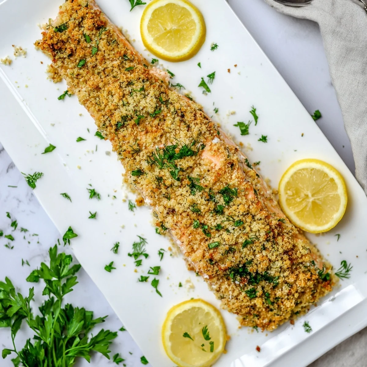 A close-up of Irresistibly Crispy Parmesan Salmon Bake showing flaky pink fish beneath a savory Parmesan and panko topping. 