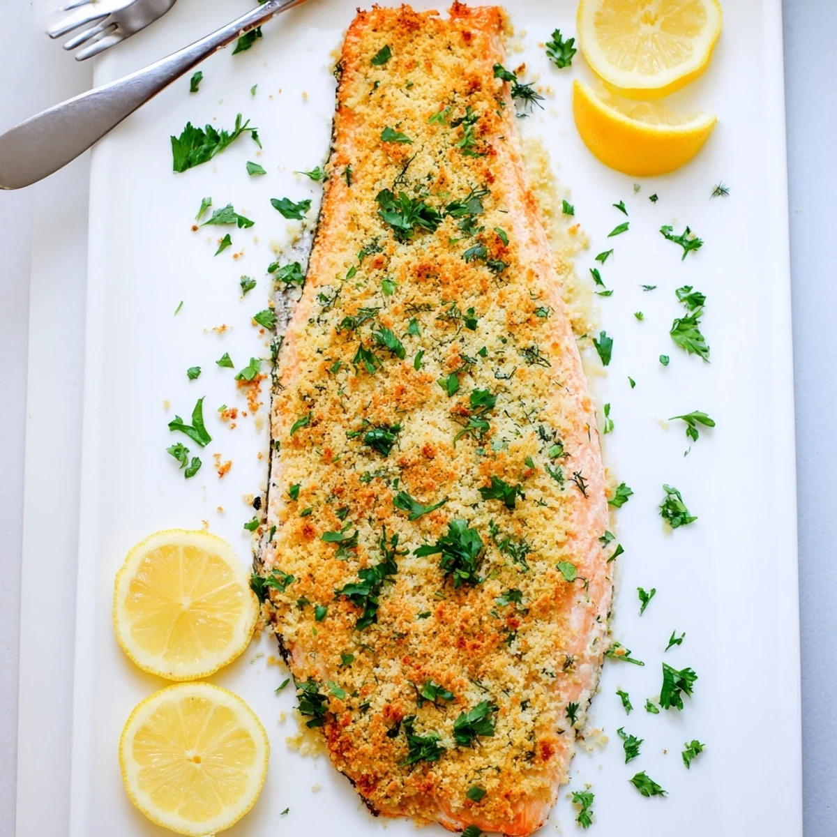 Dinner plate with Irresistibly Crispy Parmesan Salmon Bake, garnished with parsley and lemon slices, ready to enjoy.