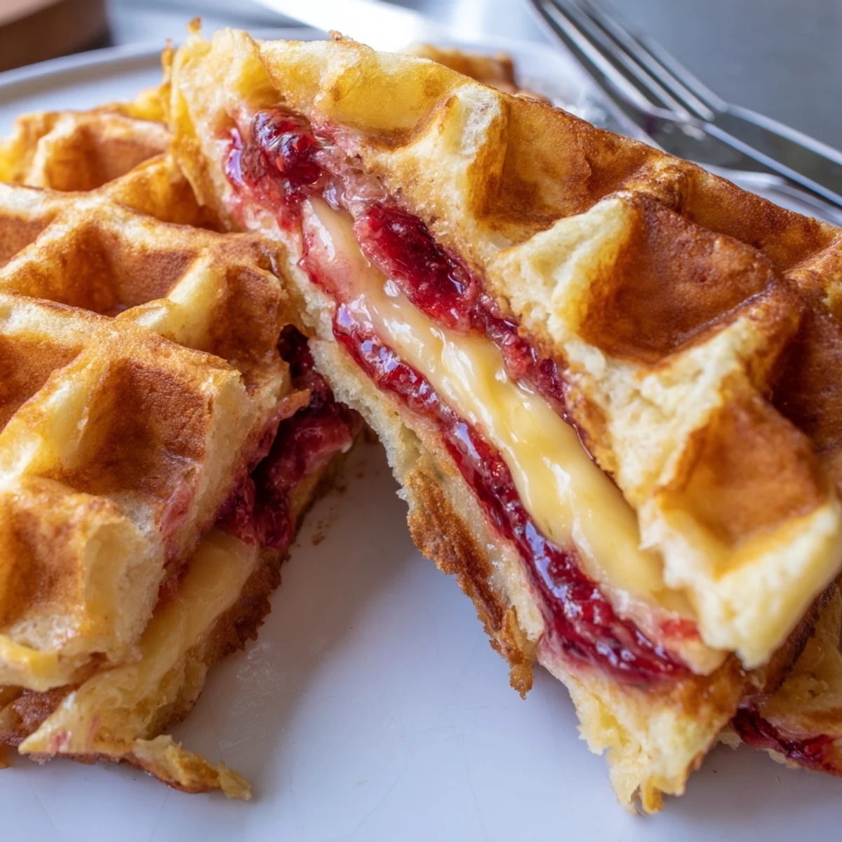 Golden-brown Sweet Waffle Grilled Cheese sandwiches oozing melted cheddar cheese and strawberry preserves on a plate.