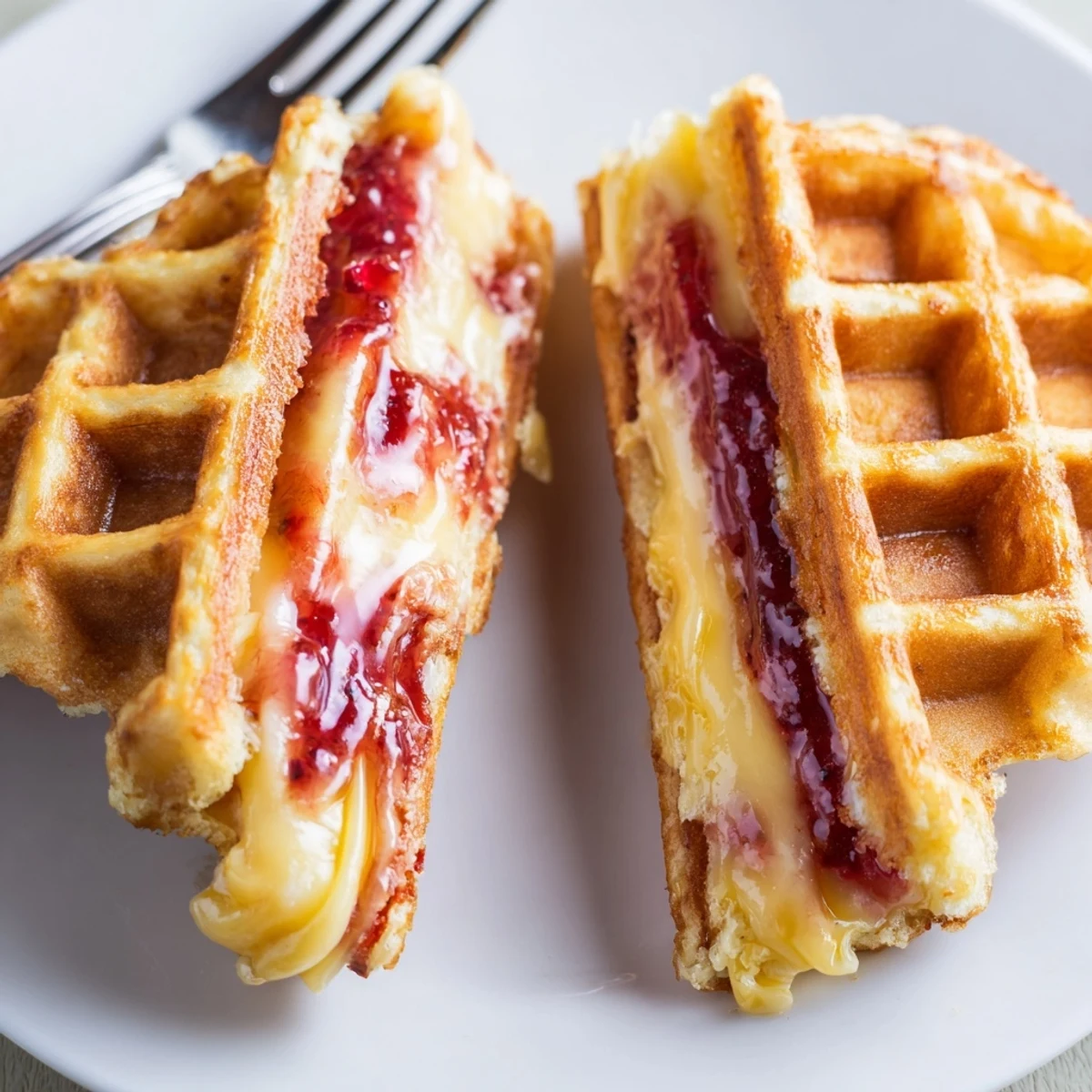 Plate of homemade Sweet Waffle Grilled Cheese served with a glass of cold milk for breakfast.